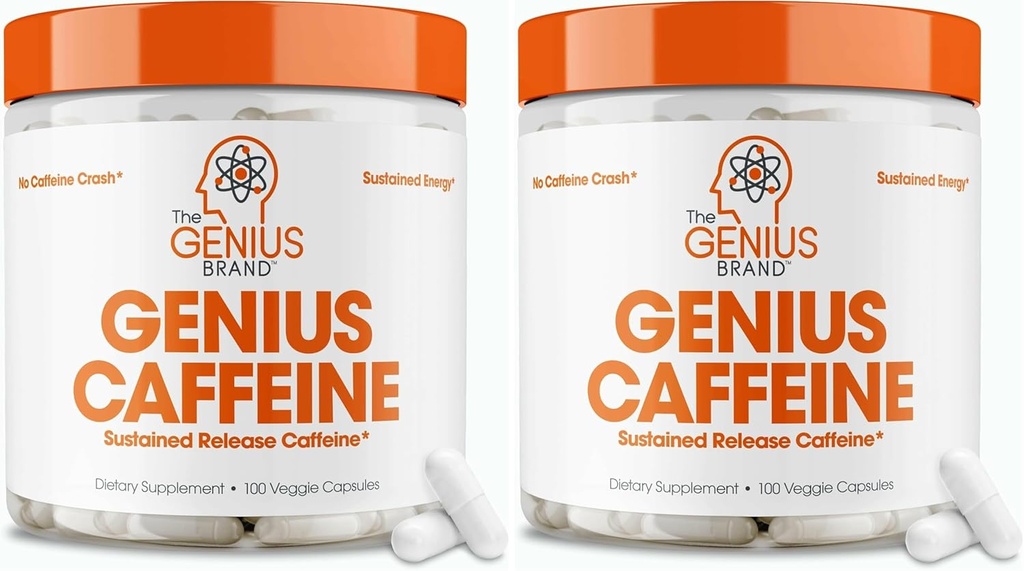 Genius Caffeine Pills 100 mg, Genişletilmiş Caffeine Pills - All- Natural Non-Crash Sustained Energy, Focus & Concentration Supplement - Nootropic Brain Branson - 100 Capsules