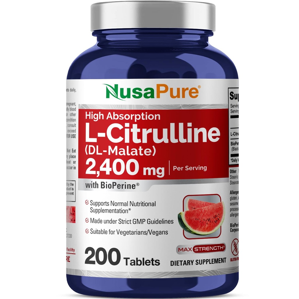 NusaPure L-Citrulline 2,400 mg 200 Vegetarian Tabletler (Non-GMO, Gluten Free, 100-Day Supply, Bioperine)