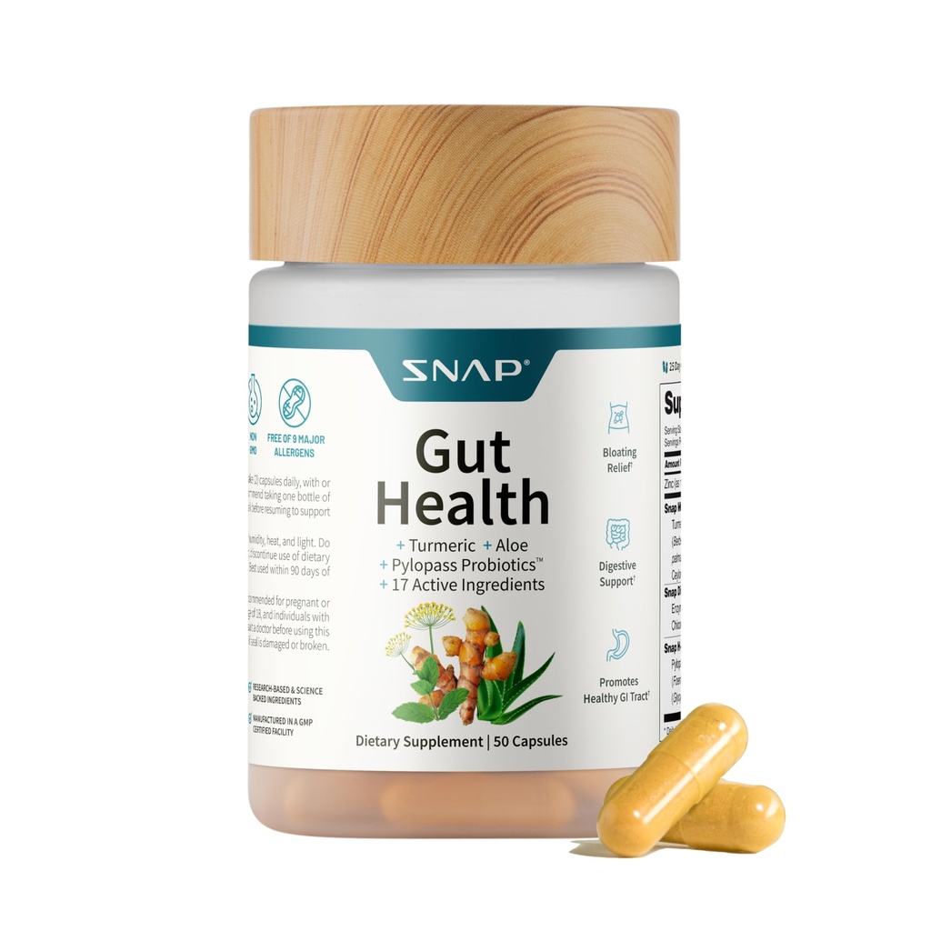 SNAP Gut Health Supplement – Turmeric, Aloe & Pylopass Probiyotiks – 17 Bloating Relief, Digestive Support & Health GI Tract – Diyetary Supplement, 50 Capsules