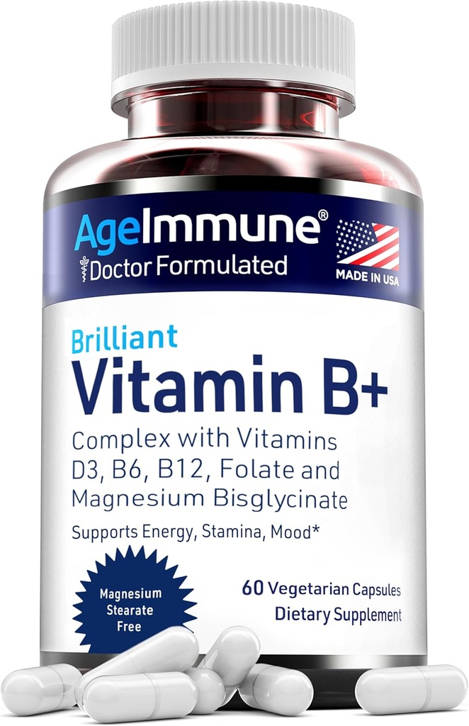 AgeImmune Vitamin B Kompleksi D3 B12 B6 Magnezyum Bisglycinate ve Folate as Metilfolate - Doktor Formulated Me Kompleks Tamam - 60 Capsules - Niacin