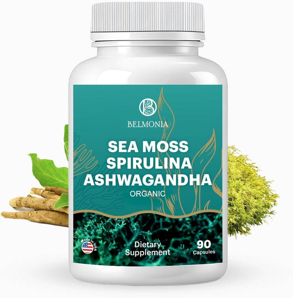 Deniz Moss, Spirulina ve Ashwagandha Mix Capsules, Mood, Immune Support & Stress Relief, Micro Materialss & Antioksis Source – Non-GMO, Vegan Superfood Supplement, 90 Count
