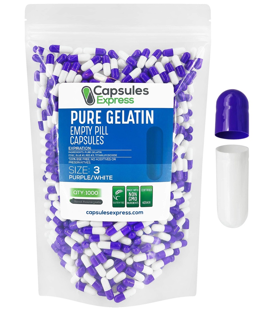 XPRS Nutra Size 3 Empty Capses - 1000 Count Empty Gelatin Capses - Χάπια DIY Καψάκιο Γέμισμα - Αγνά Καπάκια για Χάπια Βοοειδών Γέμισμα για Βιταμίνες και Συμπληρώματα (Purple/White)