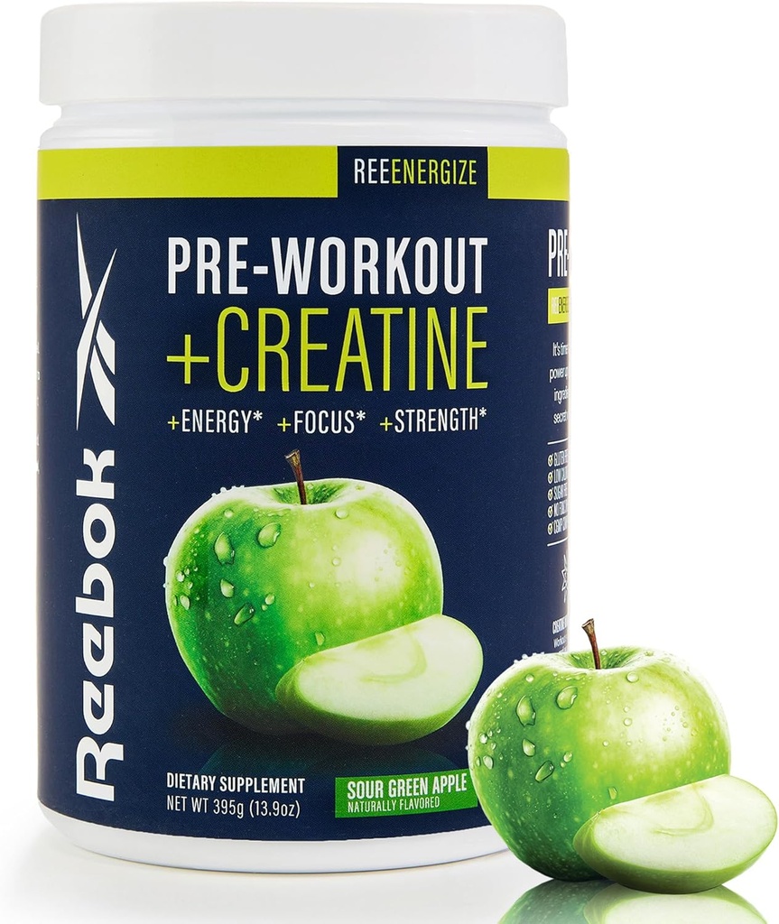 Reebok Pre-Workout Toz | 200 mg Natural Caffeine, 3gtine Monohidrat | Temiz Enerji Güçlü, Focus & Pump | Informed-Sport sertifikalı | ReeEnergize | Sour Green Apple