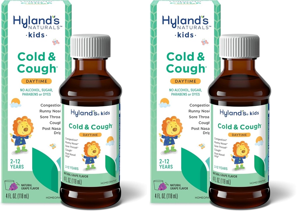 Hyland's Naturals Kids Cold & Cough, Daytime Grape Flavor Cyrup Medicine for Kids Ηλικίες 2+, Αποσυμφορητικό, Sore Lroat & Allergy Relief, Φυσική θεραπεία για τα κοινά ψυχρά συμπτώματα, 4 Fl Oz