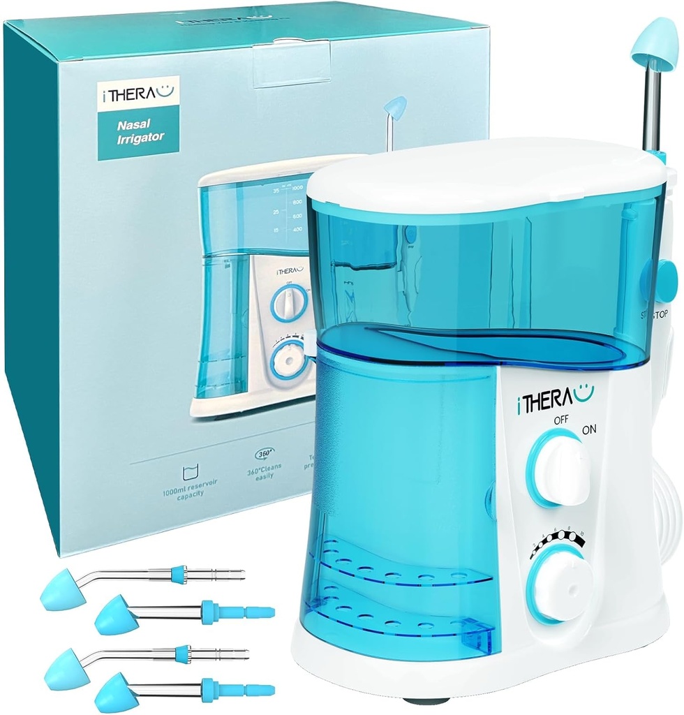 iTHERAU Nasal Irrigator Sinus Rinse Bundle, ισχυρός καθαρισμός μύτης δύναμης για ανακούφιση του κόλπου 4 συμβουλές καθαρισμού μύτης με 40 αλυκές