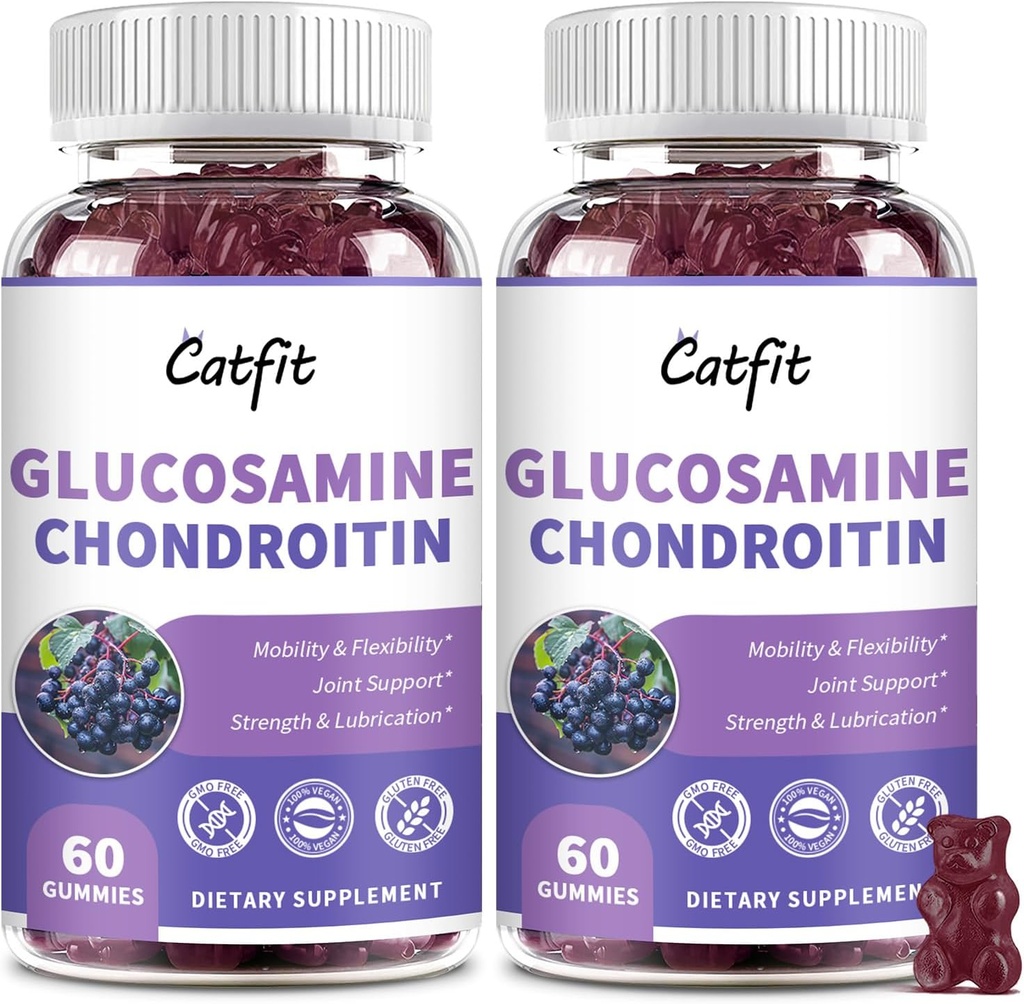 Catfit Glucosamine Chondroitin Gummies,Extra Strength Joint Health Support Supplement with MSM & Elderberry, Antioksi Immune Support Supplement for Yetişkinler Men & Women (2 Pack)