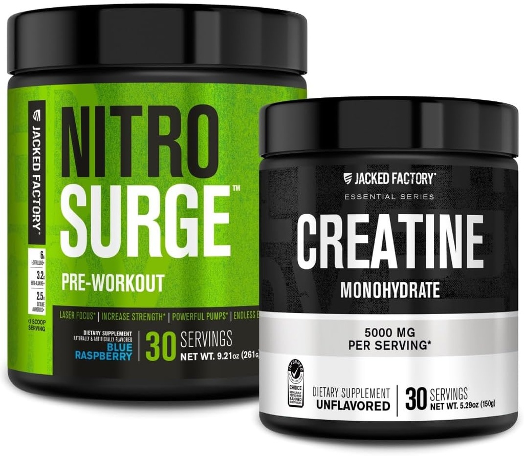 Jacked Factory NITROSURGE προ προπόνηση συμπλήρωμα (Blue Raspberry) Creatine Monohydrate σκόνη 150g για μυϊκή ανάπτυξη, αυξημένη δύναμη, ενισχυμένη ενέργεια
