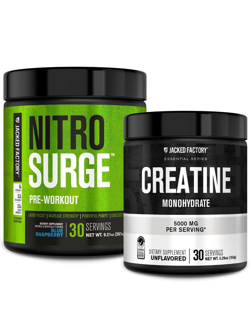 Jacked Factory NITROSURGE προ προπόνηση συμπλήρωμα (Blue Raspberry) Creatine Monohydrate σκόνη 150g για μυϊκή ανάπτυξη, αυξημένη δύναμη, ενισχυμένη ενέργεια