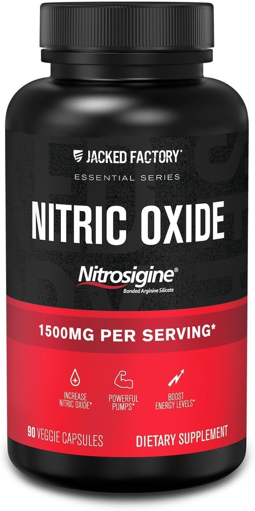 Jacked Factory Essentials Nitric Oxide Booster - Πατενταρισμένο L-Arginine Silicate 1500mg Προ προπόνηση συμπλήρωμα για την ανάπτυξη των μυών, αντλίες, αγγειότητα και την ενέργεια - 90 χάπια Veggie
