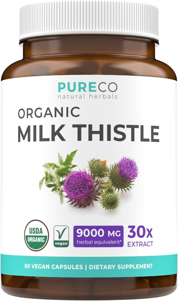 USDA Organic Milk Thistle Capsules - 80% Silymarin Supplement for Liver Support- Super Concentrated 300mg of 30:1 Milk Thistle Extract Equivalent to 9,000mg - Milk Thistle Liver Detox 60 Day Supply