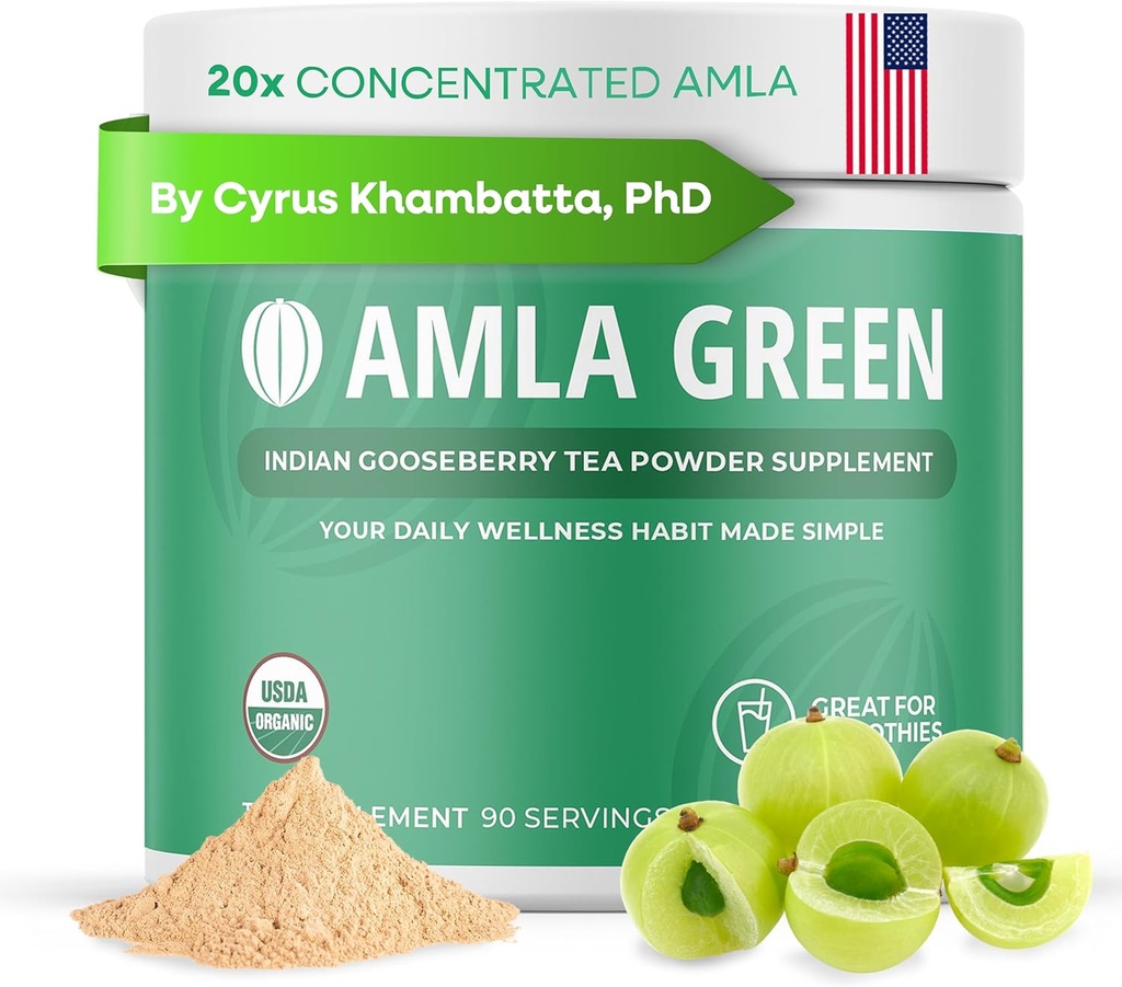 Amla Toz & Yeşil Çay Superfood Supplement, 20x Ultra Yoğun Amla, Antioksi Desteği, Oolong Tea ve Hint Gooseberries, Organik, Vegan, Classic Flavor, 90 Servisler