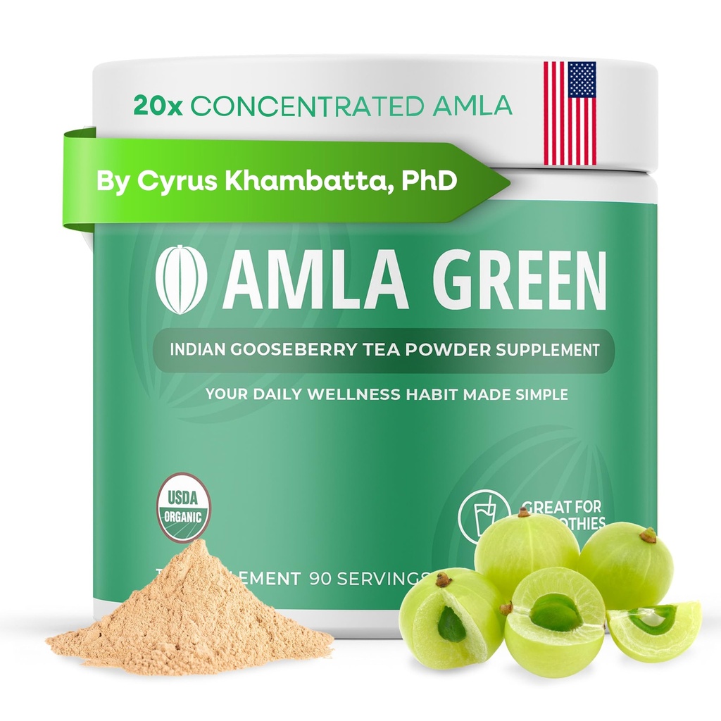 Amla Toz & Yeşil Çay Superfood Supplement, 20x Ultra Yoğun Amla, Antioksi Desteği, Oolong Tea ve Hint Gooseberries, Organik, Vegan, Classic Flavor, 90 Servisler