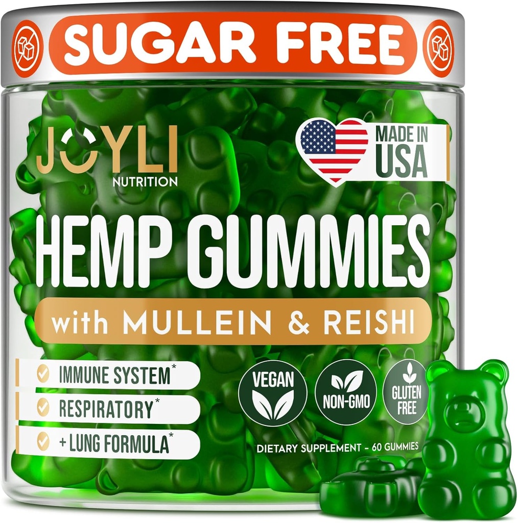 JOYLI Hemp Gummies - Natural Lung Cleanse with Mullein Leaf & Reishi Mushroom - Επιπλέον ενίσχυση Καθαρός Πνεύμονας Υποστήριξη συμπλήρωμα με βιταμίνες A, C, D & E - Χωρίς ζάχαρη, Vegan, Μη ΓΤΟ - 60 Βρώσιμες