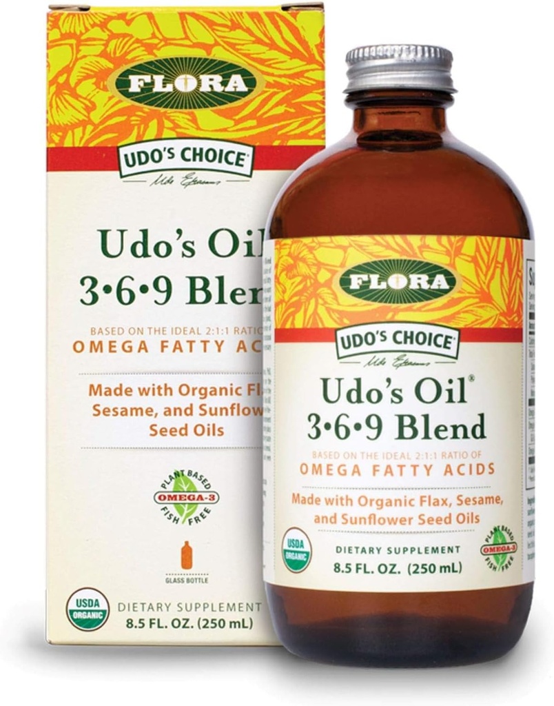 Flora - Udo'nun Seçimi Omega 369 Petrol Toplantısı, Organik Flax, Sesame & Sunflower Tohum Petrolleri, Bitki bazlı Vegan Omega Fatty Asits, Ideal 2:1 8.5-fl. oz. Şişe cam şişe