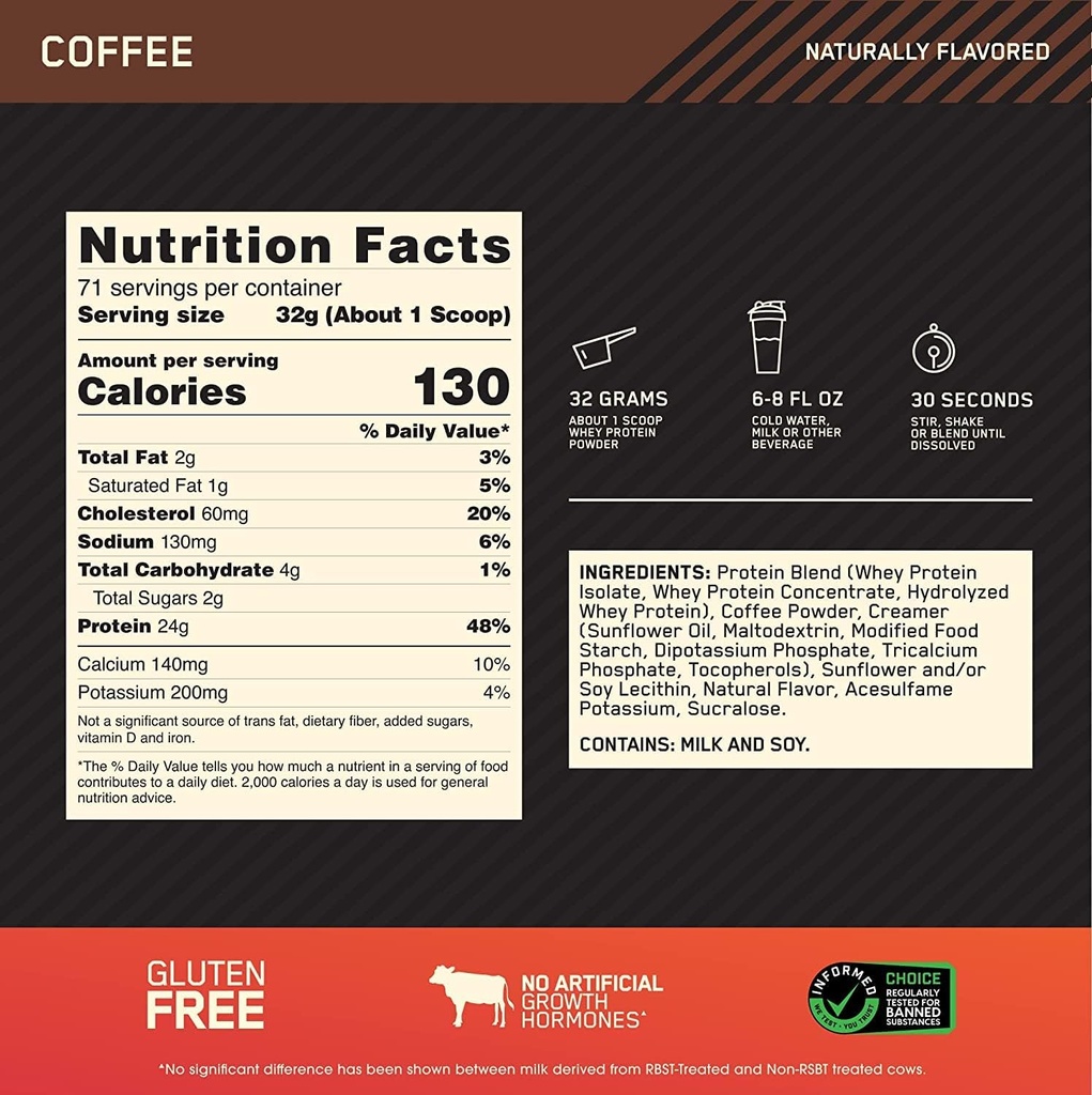 OPTIMUM GUTRITION GOLD STANDARD% 100 Whey Protein Toz, Kahve, 5 Pound