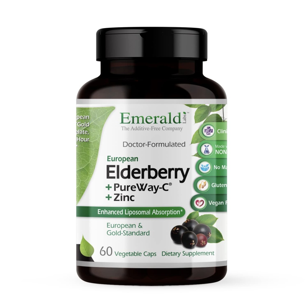 EMERALD LABS Elderberry Plus - Digestive & Immune Support with European Elderberry Extract, C as PureWay-C & Albion Chelated çinko - Vegan & Gluten-Free - 60 Sebze Capsules (30-Day Supply)