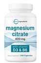 Mikro Malzemeler Magnezyum Citrate 400 mg, 240 Capsules | Vitamin D3 1000IU & B6 | Muscle, Heart & Digestive Health | Elemental Mineral & Vitamins Kompleks | Non-GMOB