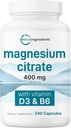 Mikro Malzemeler Magnezyum Citrate 400 mg, 240 Capsules | Vitamin D3 1000IU & B6 | Muscle, Heart & Digestive Health | Elemental Mineral & Vitamins Kompleks | Non-GMOB