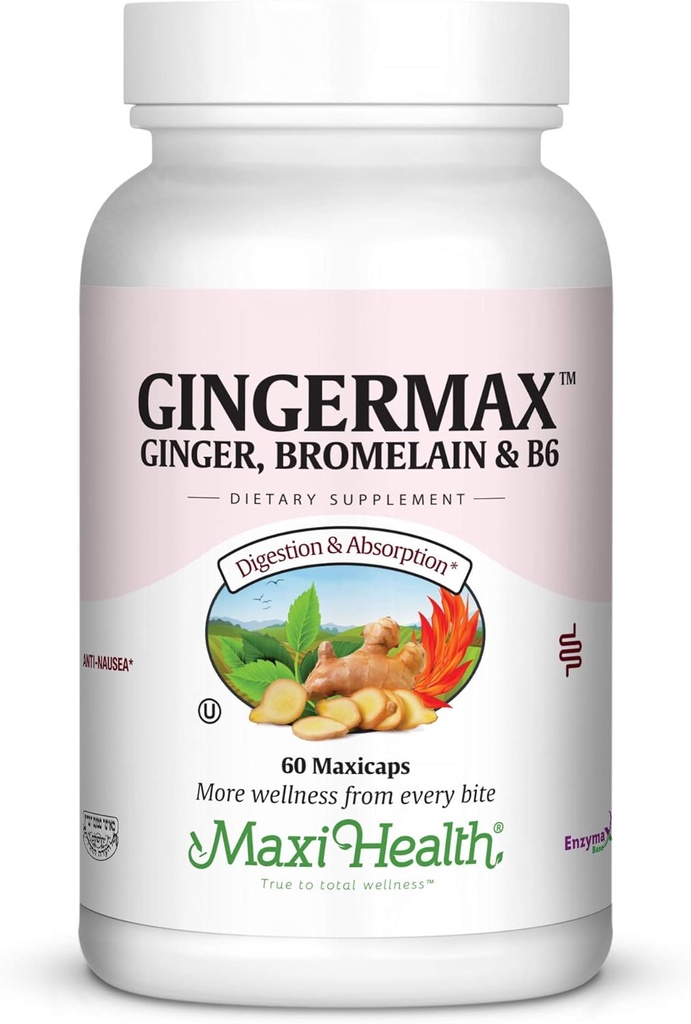 Maxi Health Gingermax - Ginger - Bromelain & Vitamin B6 - Digestion Health - 60 Capsules - Kosher