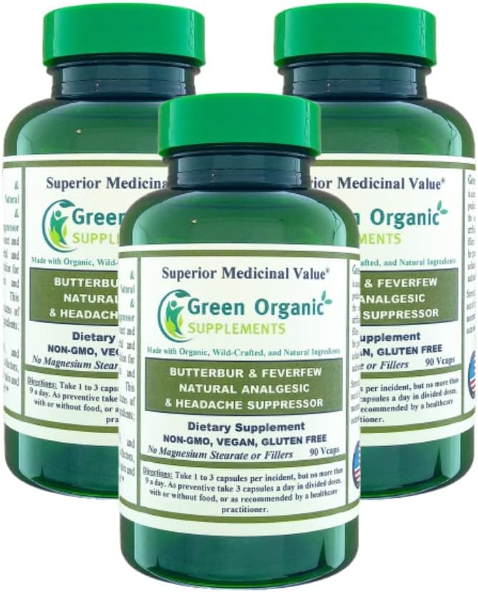 Green Organic Supplements Butterbur, Ateşfew, Analgesic, Painkiller, & Headache Suppressor, 90 VCaps, High Absorbable, Non-GMO, Gluten-Free (Pack of 3)