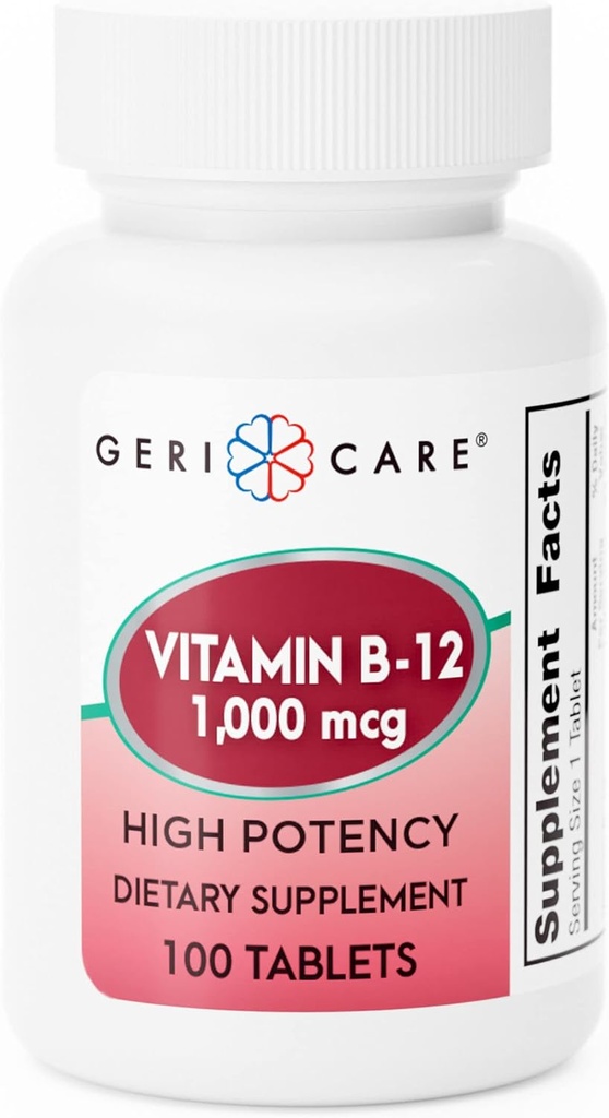 GeriCare Vitamin B-12 1000mcg High Potency Tabletleri, Enerjiyi artırmak için Premium Diyet Supplement, Beyin Sağlığını Desteklemek ve Sağlıklı Bir Nervous Sistemi 100 (Kap 1)
