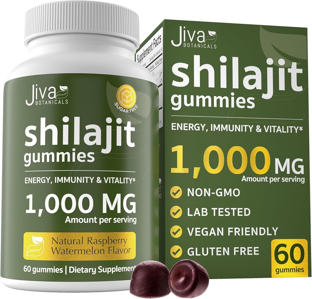 Jiva Botaniks Pure Shilajit From The Himalayas Gummies for Men & Women - Shilajit Gummies 1000 mg for Health Aging, Immune System & Normal Enerji Desteği - Sugar-Free, Vegan, 60 Count (kahkahraman)