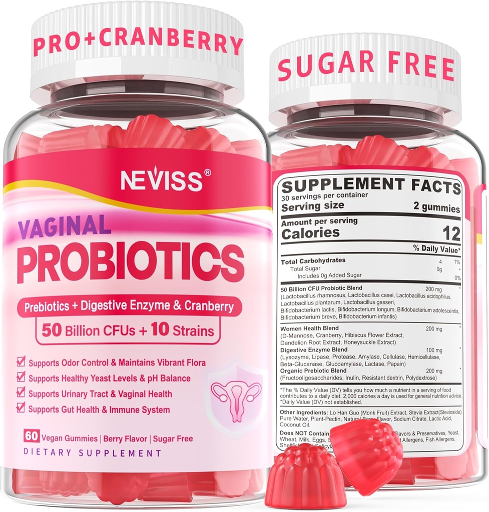 Vaginal Probiyotiks Gummies for Women PH Balance, Odor Control with Prebiyotiks, Cranberry, D-Mannose, Feminine Health Vaginal Flora, Urinary Tract, Yeast, Digestive Support, Sugar Free,60Cts