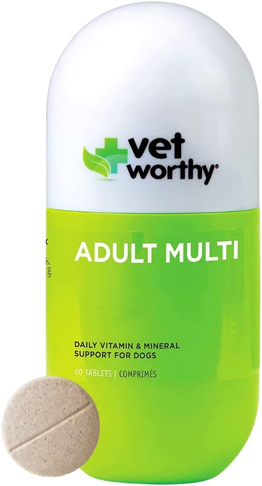 Vet Worthy Adult Multi Vitamins - Πολυβιταμίνη για σκύλους για την υποστήριξη της βέλτιστης υγείας και της γενικής ευεξίας - συμπλήρωμα σκύλου με σίδηρο, μαγνήσιο, ψευδάργυρο, βιταμίνη Α, βιταμίνη Β - γεύση ήπατος, 60 δισκία