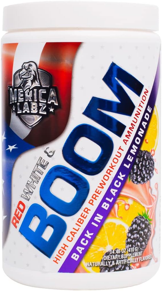“Merica Labz Red, White ve Boom, High Caliber Pre Workout with VasoDrive-AP®, 350 mg Caffeine, Max Energy, Pump and Focus, Artan Kan Akışı ve Kas Cilt, 20 Hizmet (Back in Black Lemonade)