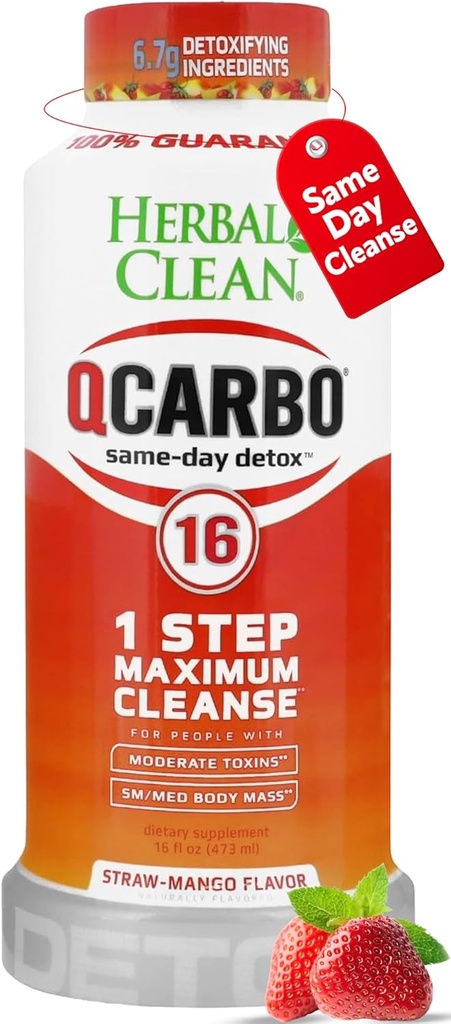Herbal Clean Qcarbo16 Same-Day Detox Cleanse Drink (16 fl oz) - Φράουλα Mango Full Body Cleanse* Detox Drink for Moderate Toxin Level*, Βιταμίνη Β2 και Βιταμίνη Β12 για άνδρες & γυναίκες