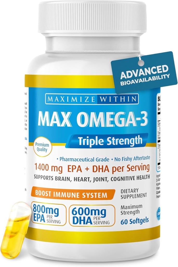 Maksimum Slim Max Omega 3 Balık Yağ Pilleri - Triple Strength Fish Oil Supplement (2000 mg Total Omega 3 Fatty Asits: 600 mg DHA + 800 mg EPA per Service)