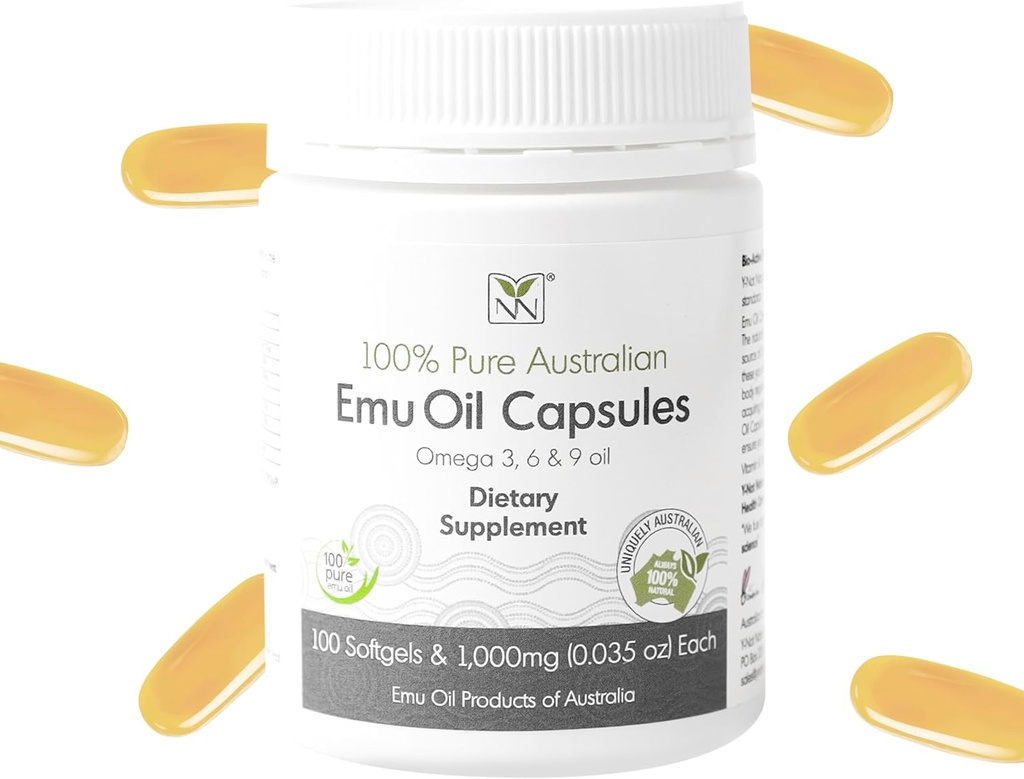 Emu Oil Capsules - Kalp, Saç, Metabolism & Ortak Destek Supplement - Farm Grade Emu Oil with CLA, Omega 3, 6 & 9 with Vitamin K2, A & E by Y-Not Natural - 1000 mg, 100 Capsules