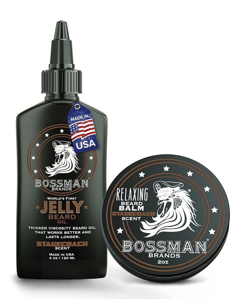 Bossman Jelly Beard Oil for Men & Beard Balm for Men Combo - Softens, Tames Moisturizes & Conditions - Stagecoach Scent - Φυσικά συστατικά & Made in USA