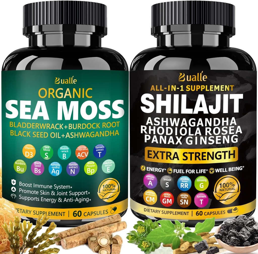 Bualle Sea Moss και Shilajit Bundle-Sea Moss 300mg, Black Seed Oil 100mg, Ashwagandha 50mg,Ginger & Shilajit 300mg,Rhodiola Rosea 100mg,Panax Ginseng 50mg,Όλα σε 1 συμπληρώματα ΗΠΑ Made(2 Pack)