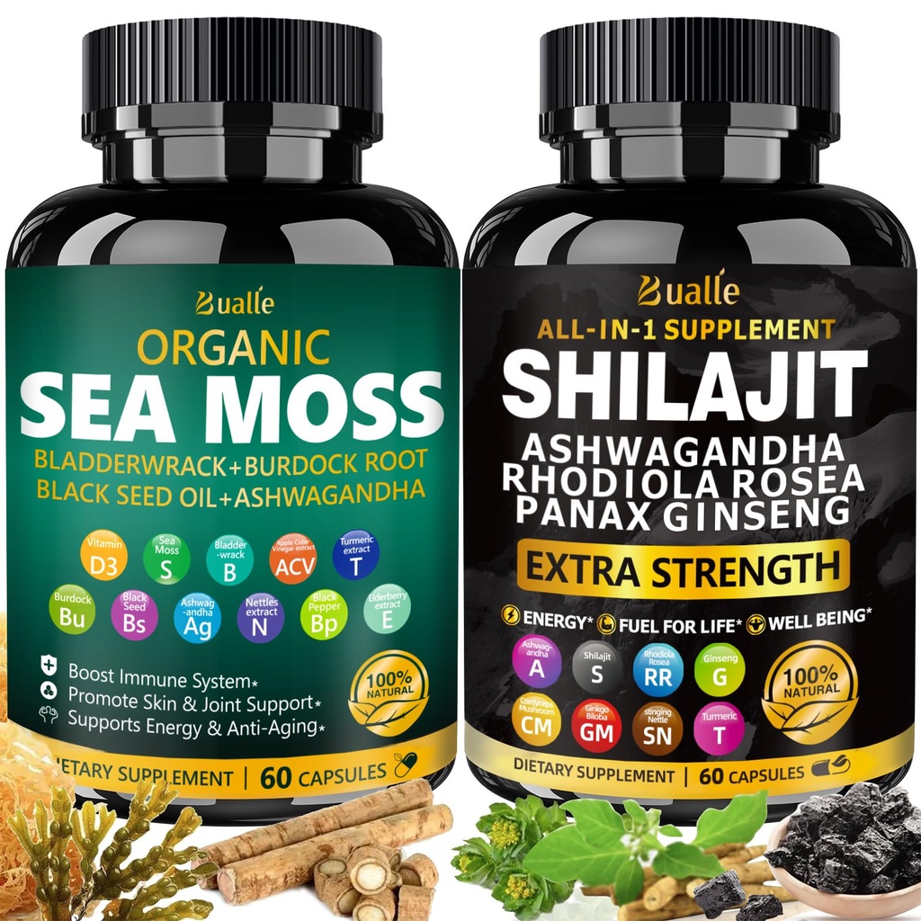 Bualle Sea Moss ve Shilajit Sche-Sea Moss 300 mg,Black Seed Oil 100mg,Ashwagandha 50mg,Ginger & Shilajit 300 mg,Rhodiola Rosea 100mg,Panax DW 50mg,All in 1 Supplements-USA Made(2 Pack)