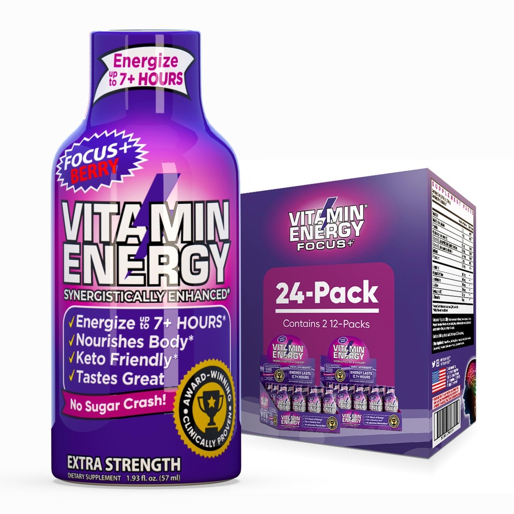 Enerji Focus+ Ekstra Güçlü Enerji Shot 24 Paketi, 260 mg Doğal Caffeine, B-Vitamins, CoQ10, Amino Asits, Focus, Verimlilik & Clarity, Zero Sugar, Gluten-Free, 1.93 fl oz
