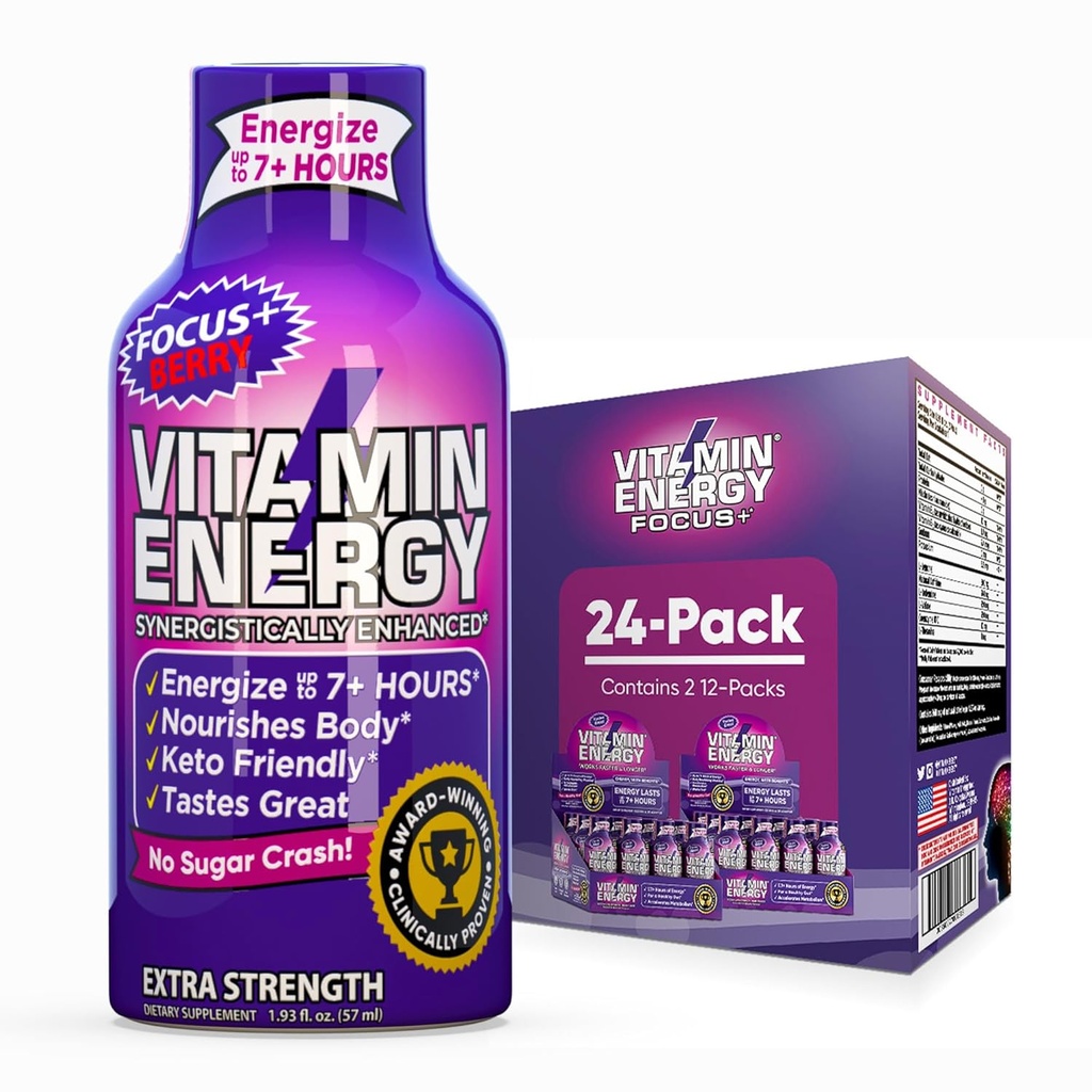Vitamin Energy Focus+ Extra Strength Energy Shot Berry 24 Pack, 260mg Natural Caffeine, B-Vitamins, CoQ10, Amino Acids, Focus, Productivity & Clarity, Zero Sugar, Gluten-free, 1.93 fl oz