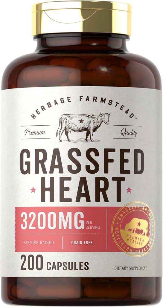 Carlyle Grass Fed Beef Heart Supplement | 3200 mg | 200 Kont | Desiccated Pasture Yükseltilmiş Bovine Capsules | Non-GMO, Gluten Free | Herbage Farmstead