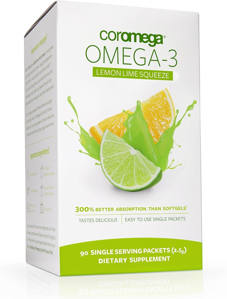 Coromega Omega 3 Fish Oil Supplement, Omega-3s ile 3X Daha İyi Aborpsiyon, Lemon Lime Flavor, 90 Single Serve Squeeze Packets