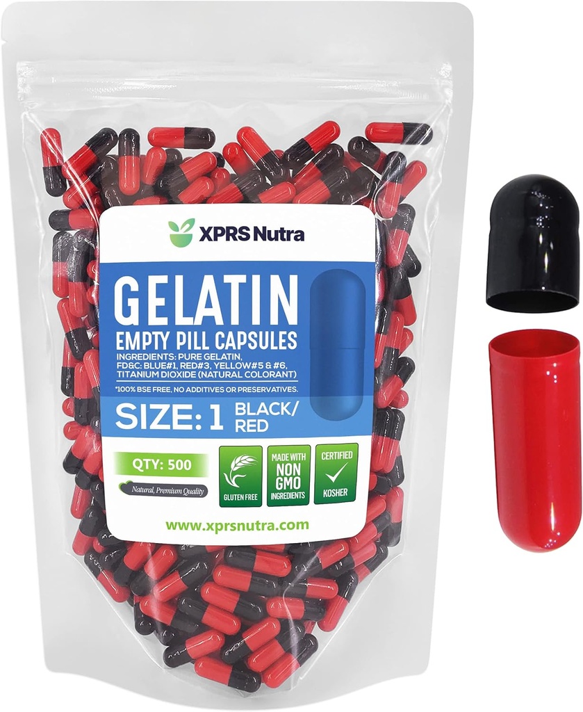 XPRS Nutra Boyutu 1 Boş Capsules - 500 Kont Colored Boş Gelatin Capsules - Pill DIY Supplement Capsule - Do-It- Yourself Supplements (Black/Red)
