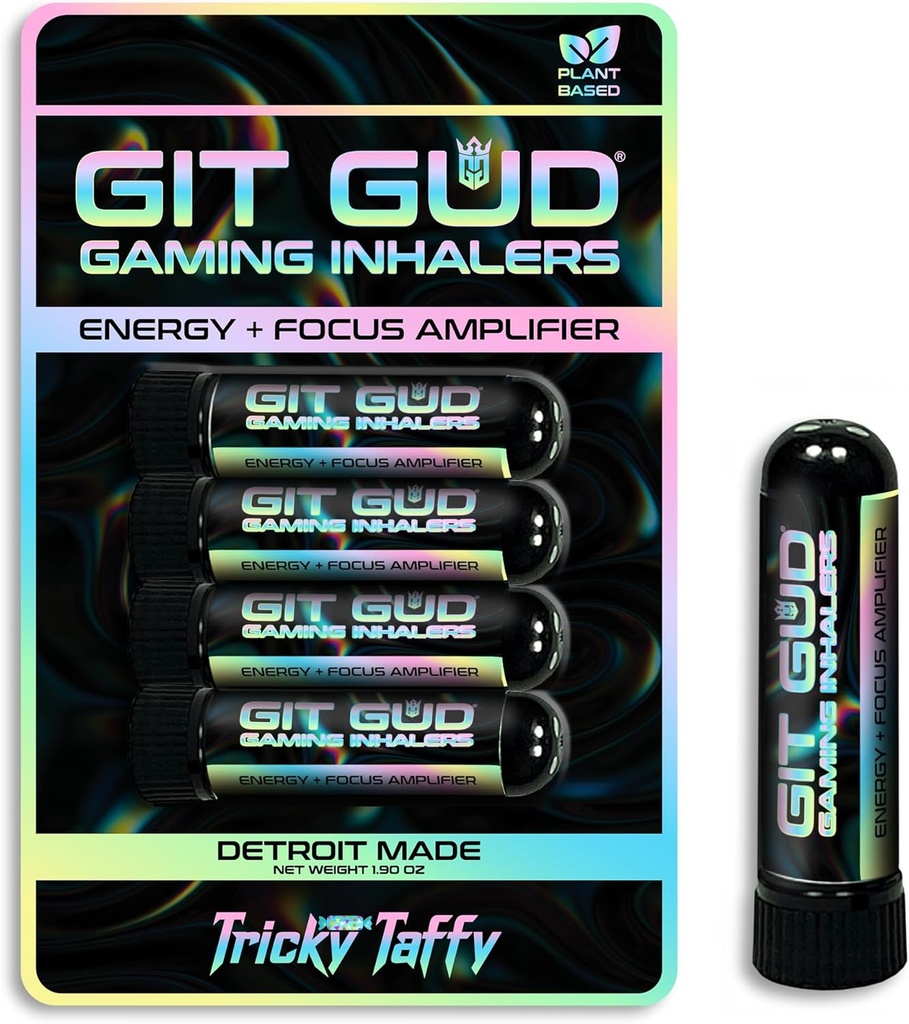 GIT GUD Energy Stick (4 Pack) Ανταγωνιστικός Ενισχυτής Εστίασης, Αναζωογονητικό Άρωμα Μέντας, Καθημερινή Χρήση, Φορητό Disposable, Tricky Taffy (Taffy Mint)
