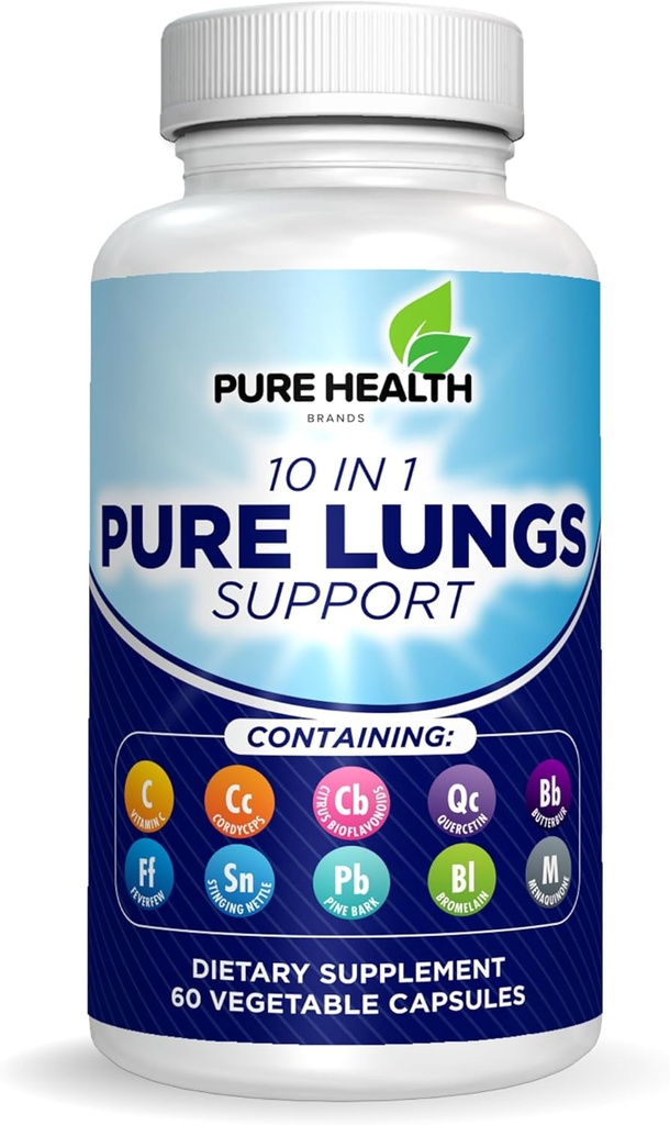 Pure Lungs Support – 10in-1 Lung Cleanse & Detox Supplement for Smokers & Respiratory Health – Quercetin, NAC, Cordyceps, Pine Bark, C & Butterbur – 60 Capsules