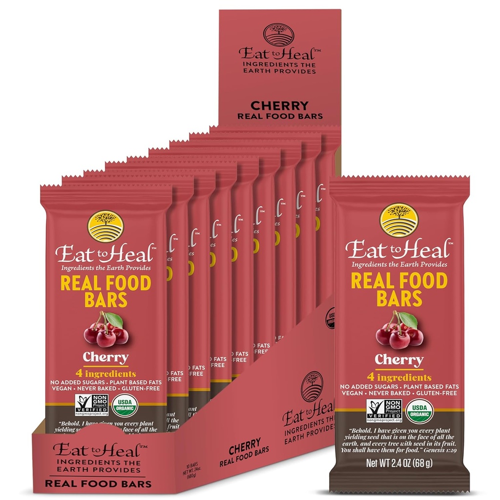 YemeToHeal Cherry Real Food Bar - Organik Vegan Sağlıklı Gluten Ücretsiz Protein Barlar - Low Sugar Meal Change Bar, Non GMO, Never Baked, Plant Based - Crafted to Enjoy, Not Sit on Shelves