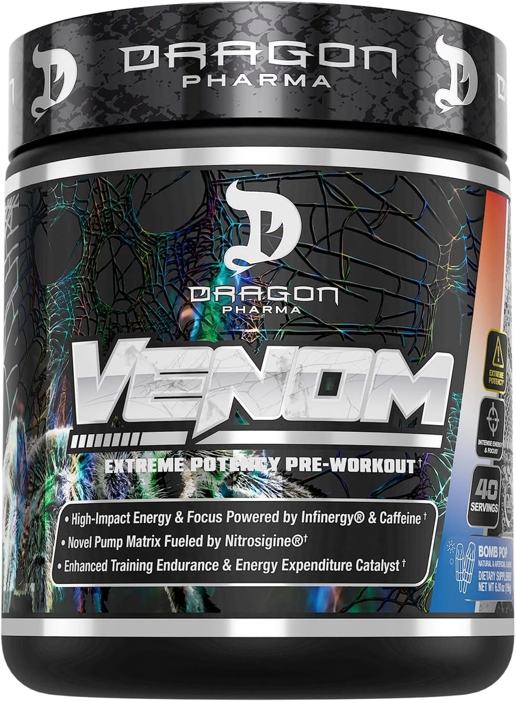 DRAGON PHARMA Venom Extreme Potency Pre-Workout, Laser Sharp Focus + Ενέργεια, Έντονη απόδοση, Αποδεδειγμένα συστατικά για την ενίσχυση της αγγειοδιαστολής & αντοχής (40 εξυπηρετούν, Bomb Pop)