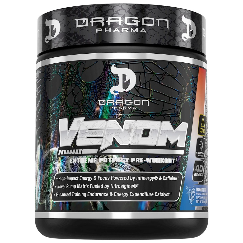DRAGON PHARMA Venom Extreme Potency Pre-Workout, Laser Sharp Focus + Energy, Intense Performance, Proven Materialss for Advancedd Vasodilation & Endurance (40 Hizmet, Bomb Pop)