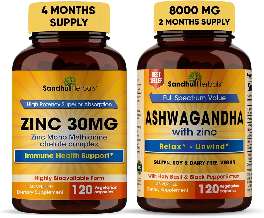 Sandhu Herbals Ψευδάργυρος 30mg συμπλήρωμα και οργανικό 4 σε 1 Ashwagandha κάψουλες με ψευδάργυρο