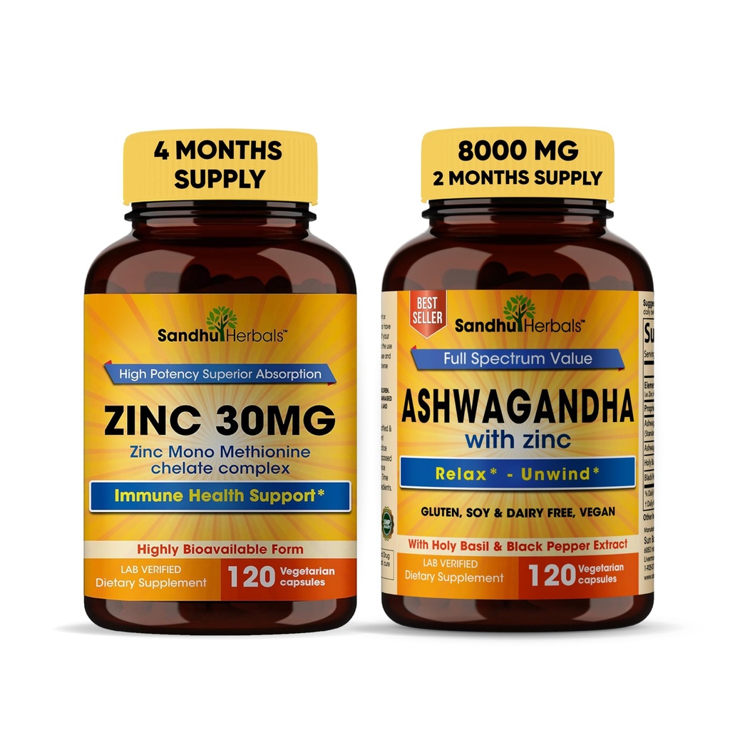 Sandhu Herbals Zinc 30mg Supplement and Organic 4 in 1 Ashwagandha Capsules with Zinc| Supports Healthy Skin, Immune System| Non-GMO