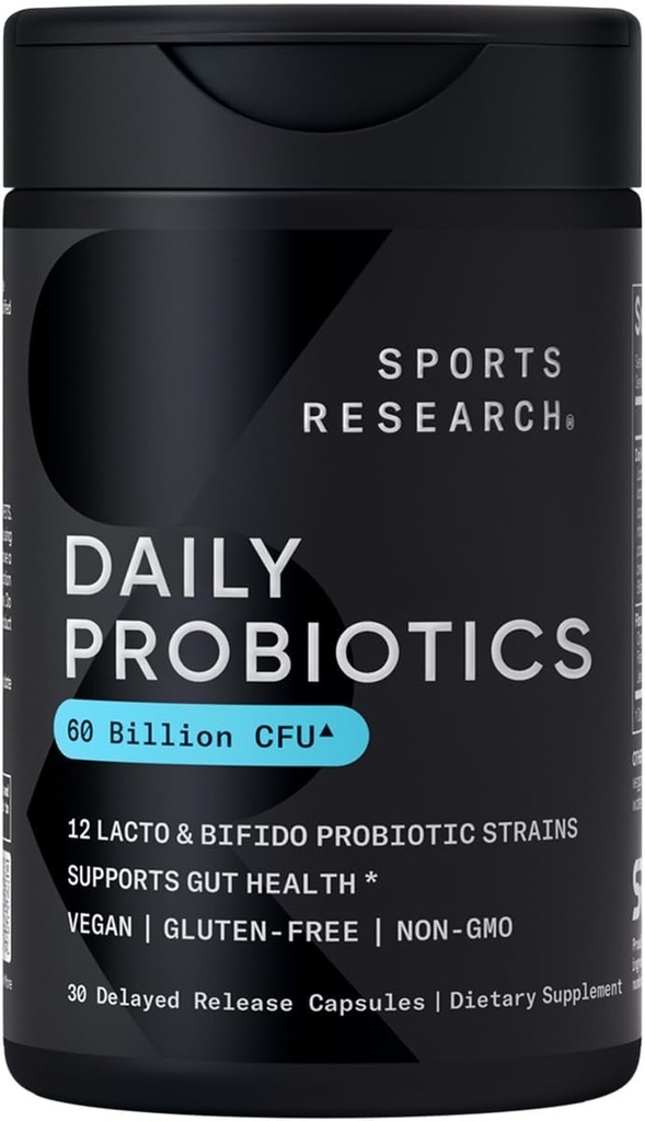 Sports Research Daily Probiyotiks with Prebiyotiks, 60 Milyar CFU - Vegan Capsules for Gut Health & Digestive Support, Probiyotiks for Women & Men - Non-GMO TY & Gluten Free - 30 Count
