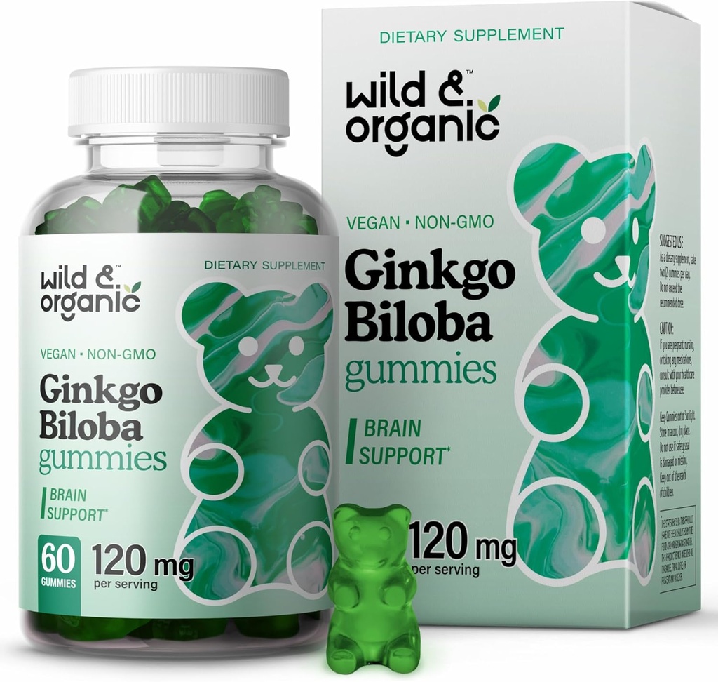 Wild & Organic Gingko Biloba 120mg Gummies - Υποστήριξη εγκεφάλου και συμπλήρωμα εστίασης w/Ginkgo Biloba Extract - Vegan, μη GMO - 60 Pectin-based Herbal Chewables