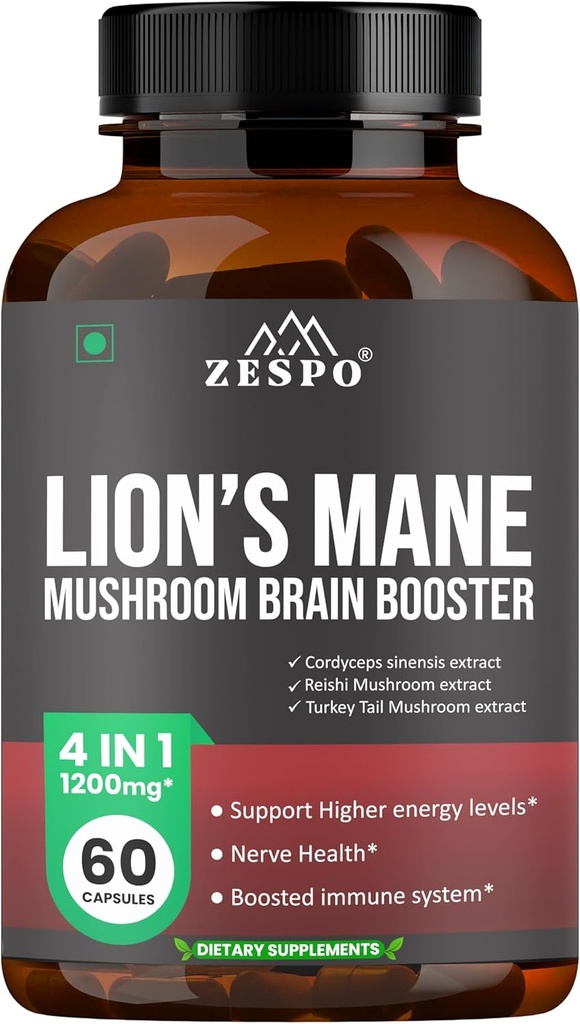Lion's Mane Mushroom Kompleksi - 1200 mg Beyin Supplement for Memory, Focus & Clarity with Reishi & Cordyceps Sinensis - 60 Capsules